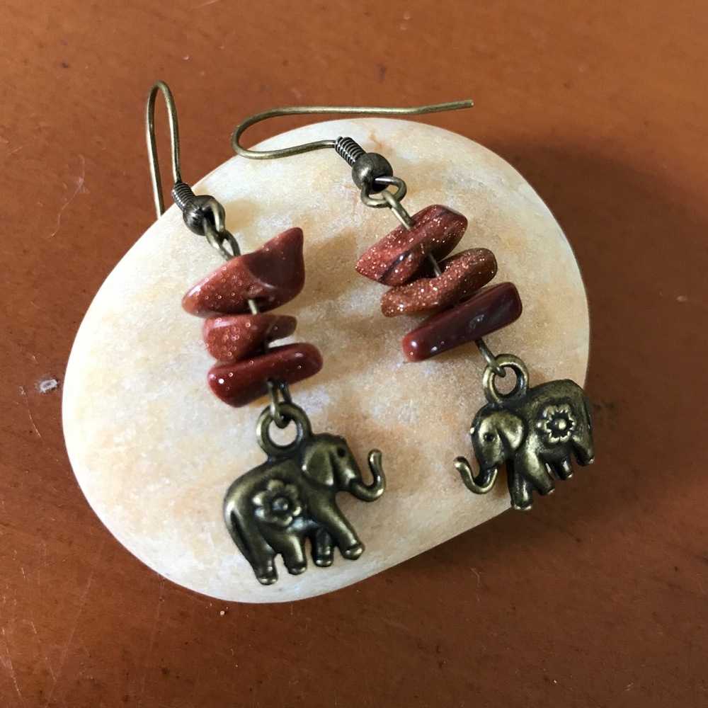 Handmade Boho Thai Goldstone Elephant Boho Ethnic Earrings